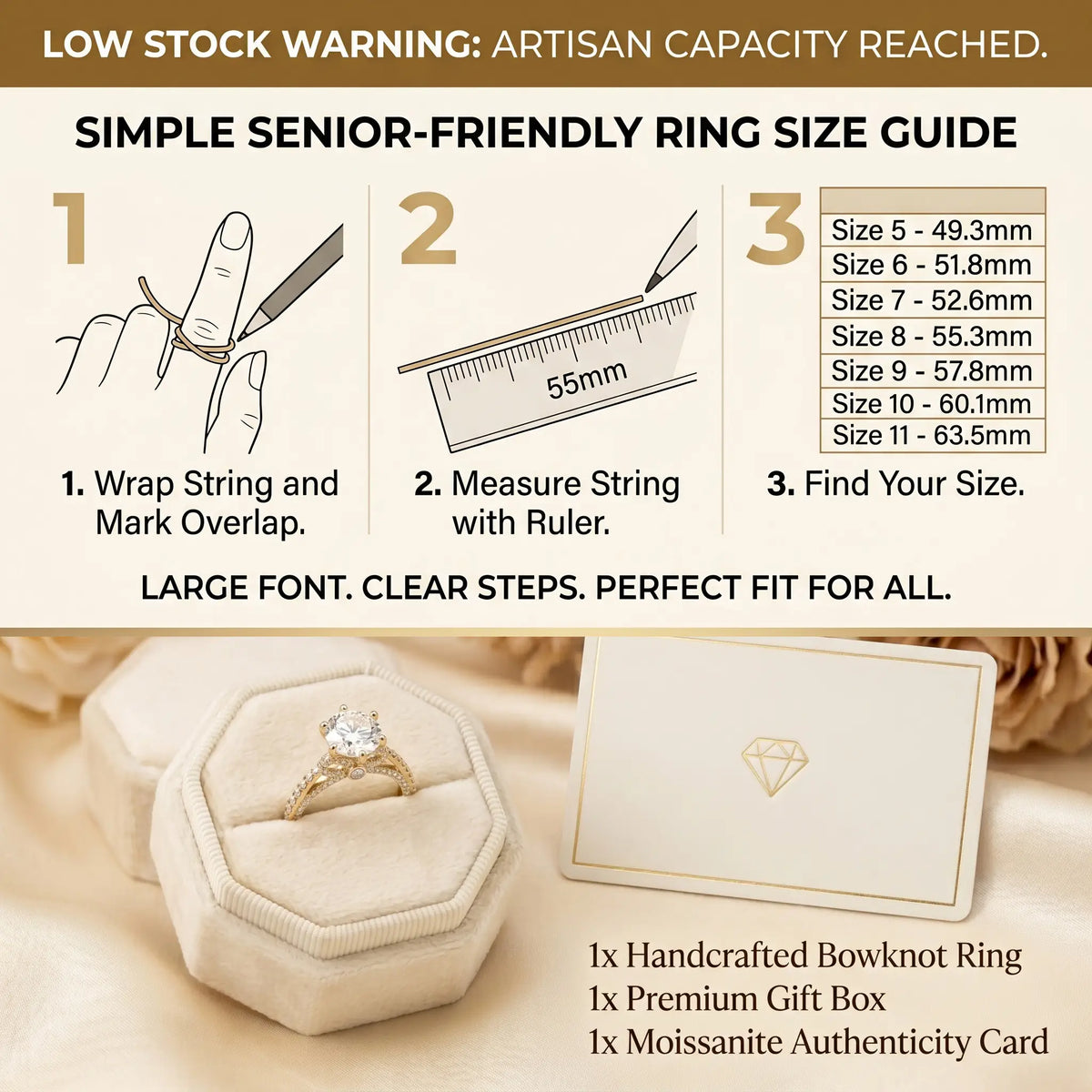 🔥 LAST DAY 90% OFF: Artisan Handcrafted Hypoallergenic Flawless Moissanite Bowknot Ring in 14K Gold Over 925 Silver