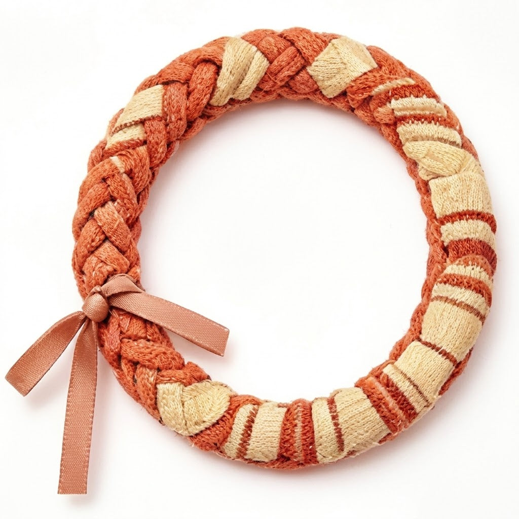 10pcs Terracotta and Cream Striped Braided Fabric Bracelet with Ribbon Accent