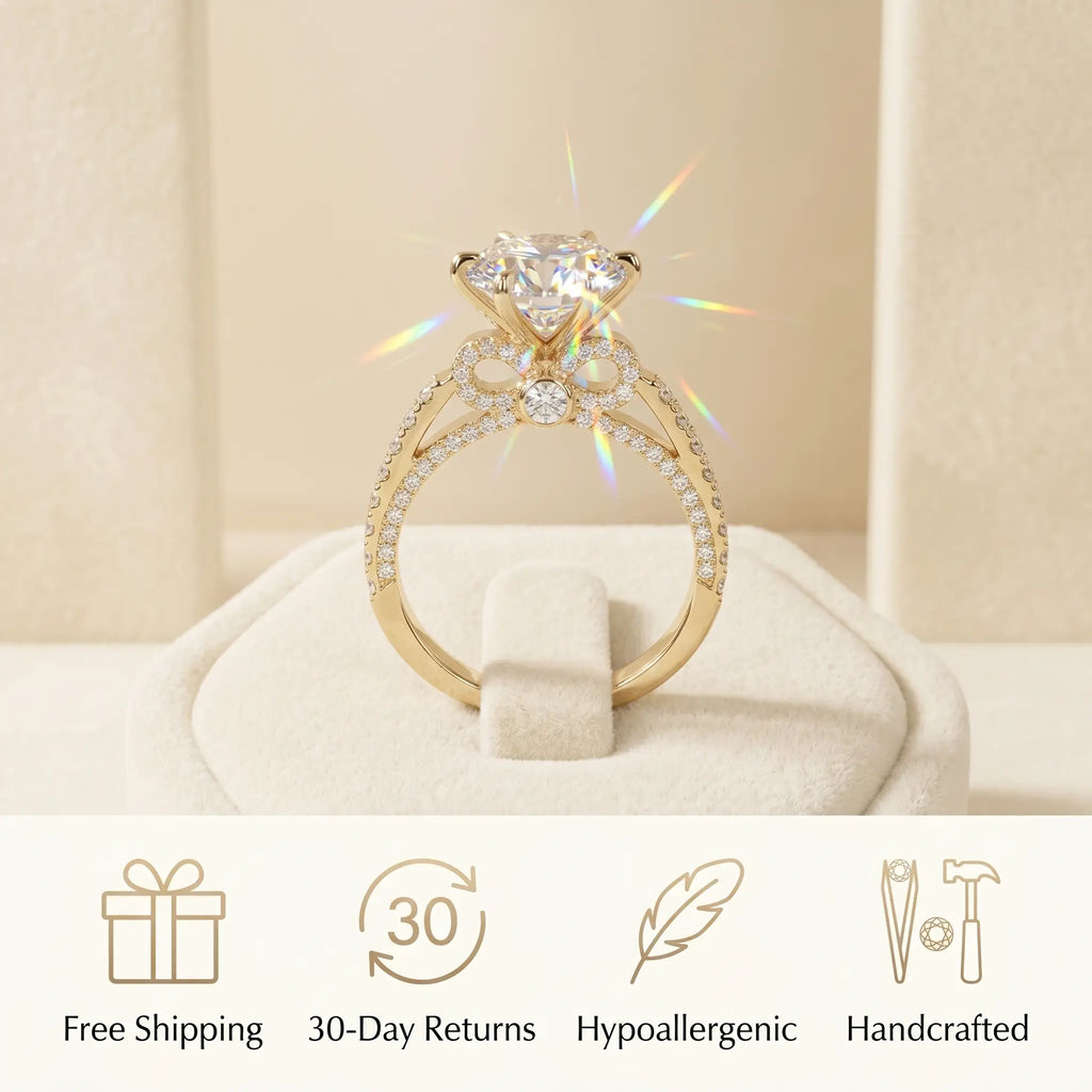 🔥 LAST DAY 90% OFF: Artisan Handcrafted Hypoallergenic Flawless Moissanite Bowknot Ring in 14K Gold Over 925 Silver