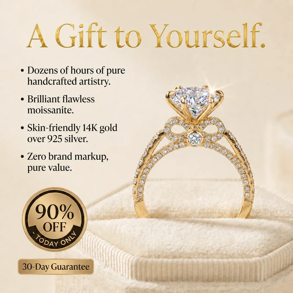 🔥 LAST DAY 90% OFF: Artisan Handcrafted Hypoallergenic Flawless Moissanite Bowknot Ring in 14K Gold Over 925 Silver