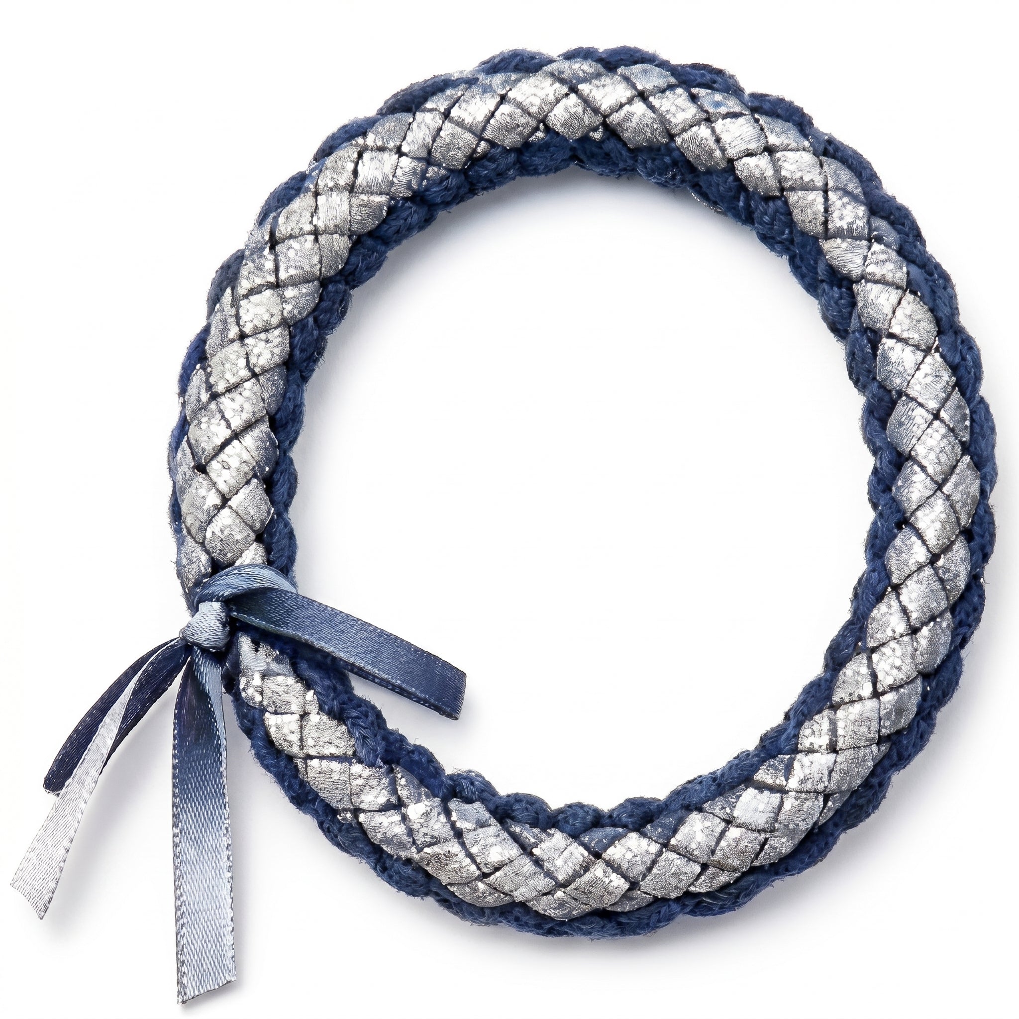 10Pcs-Navy Blue and Silver Metallic Braided Bracelet with Ribbon Accent