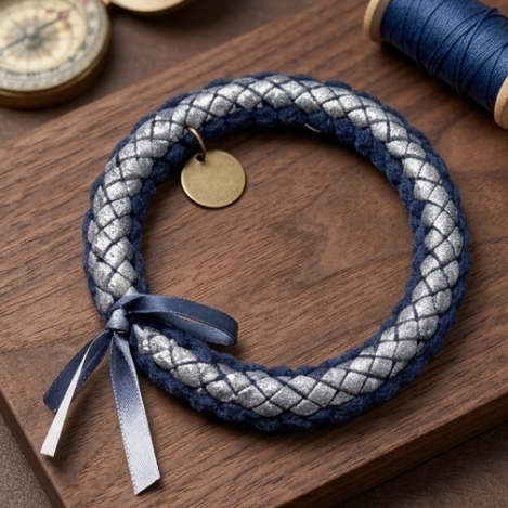 10Pcs-Navy Blue and Silver Metallic Braided Bracelet with Ribbon Accent