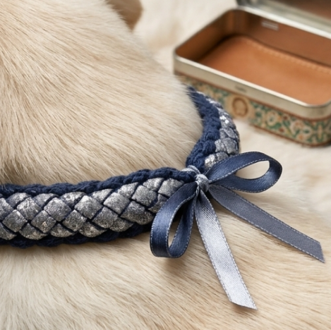 10Pcs-Navy Blue and Silver Metallic Braided Bracelet with Ribbon Accent