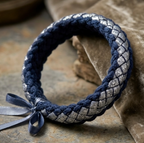 10Pcs-Navy Blue and Silver Metallic Braided Bracelet with Ribbon Accent