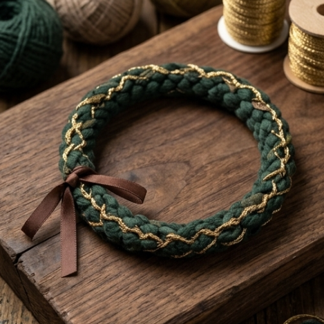 10pcs Emerald Green and Gold Braided Bracelet with Brown Ribbon Accent