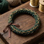 10pcs Emerald Green and Gold Braided Bracelet with Brown Ribbon Accent