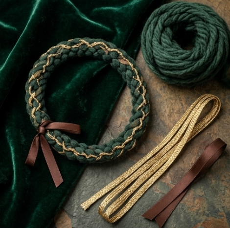 10pcs Emerald Green and Gold Braided Bracelet with Brown Ribbon Accent