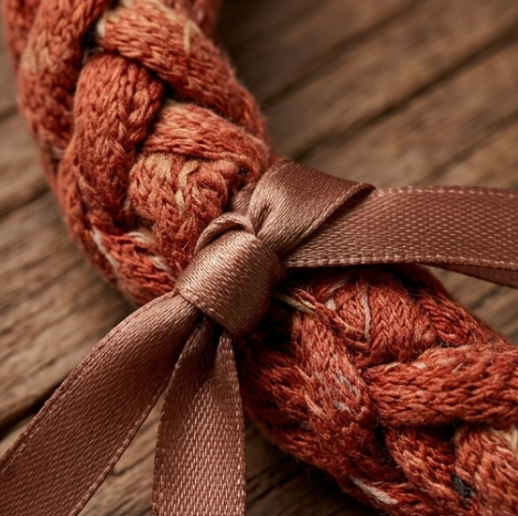 10pcs Terracotta and Cream Striped Braided Fabric Bracelet with Ribbon Accent