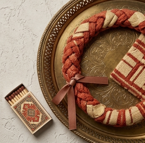 10pcs Terracotta and Cream Striped Braided Fabric Bracelet with Ribbon Accent