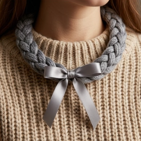 10pcs Chunky Heather Grey Braided Bracelet with Satin Ribbon Accent