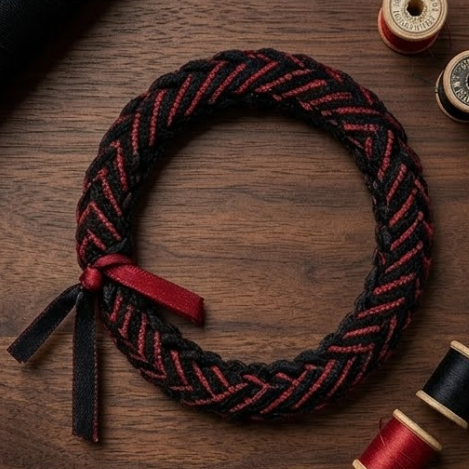 10pcs Black and Dark Red Braided Fabric Bracelet with Ribbon Accent