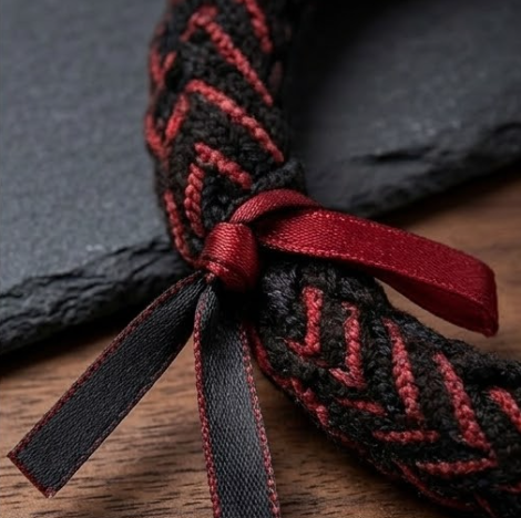 10pcs Black and Dark Red Braided Fabric Bracelet with Ribbon Accent
