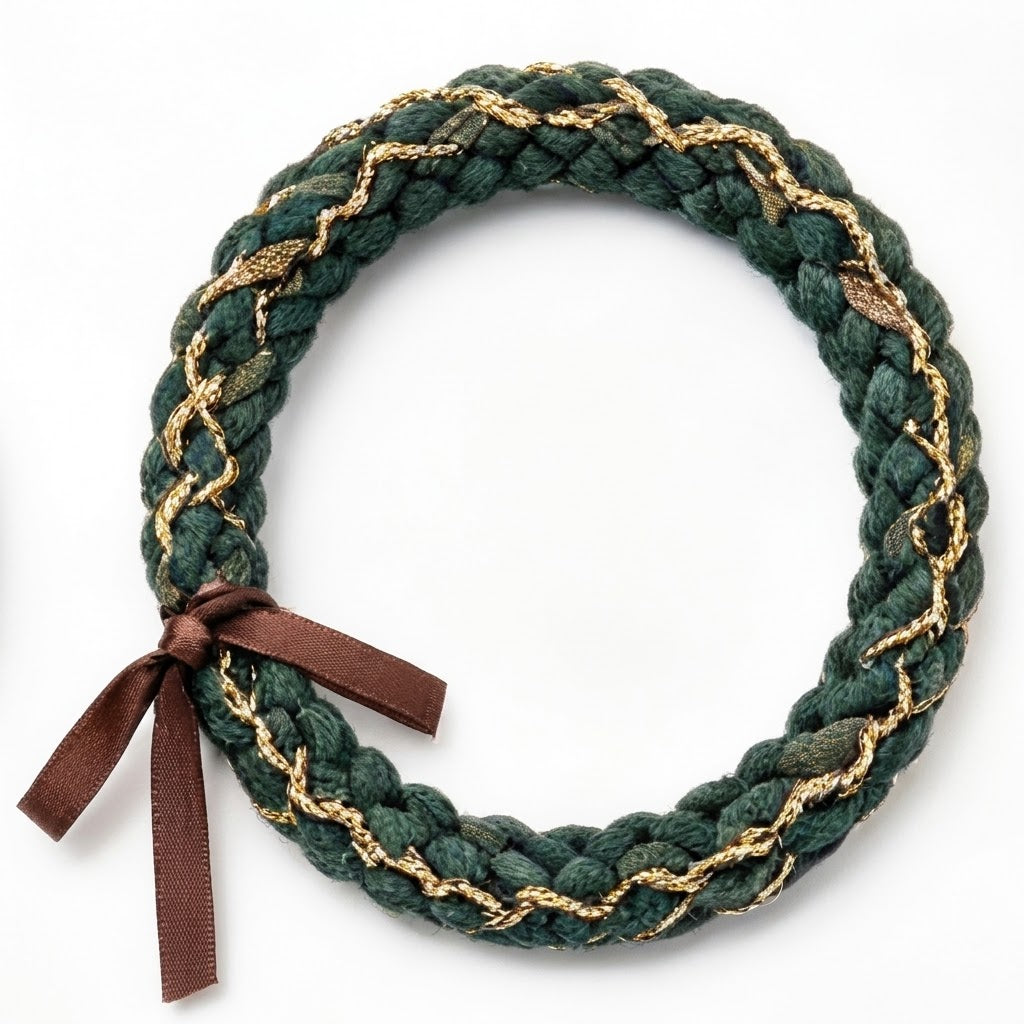 10pcs Emerald Green and Gold Braided Bracelet with Brown Ribbon Accent